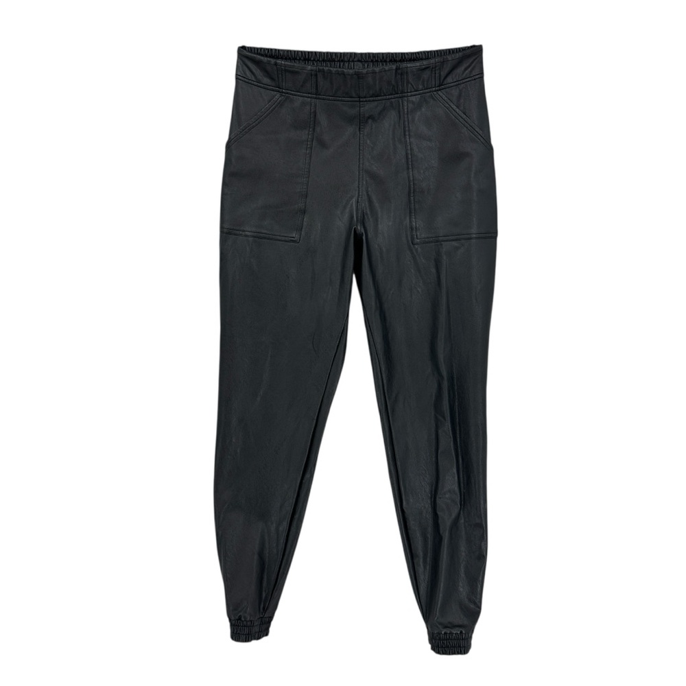 SPANX Jogger Pants Faux Leather Stretch Elastic Waist Pockets Black